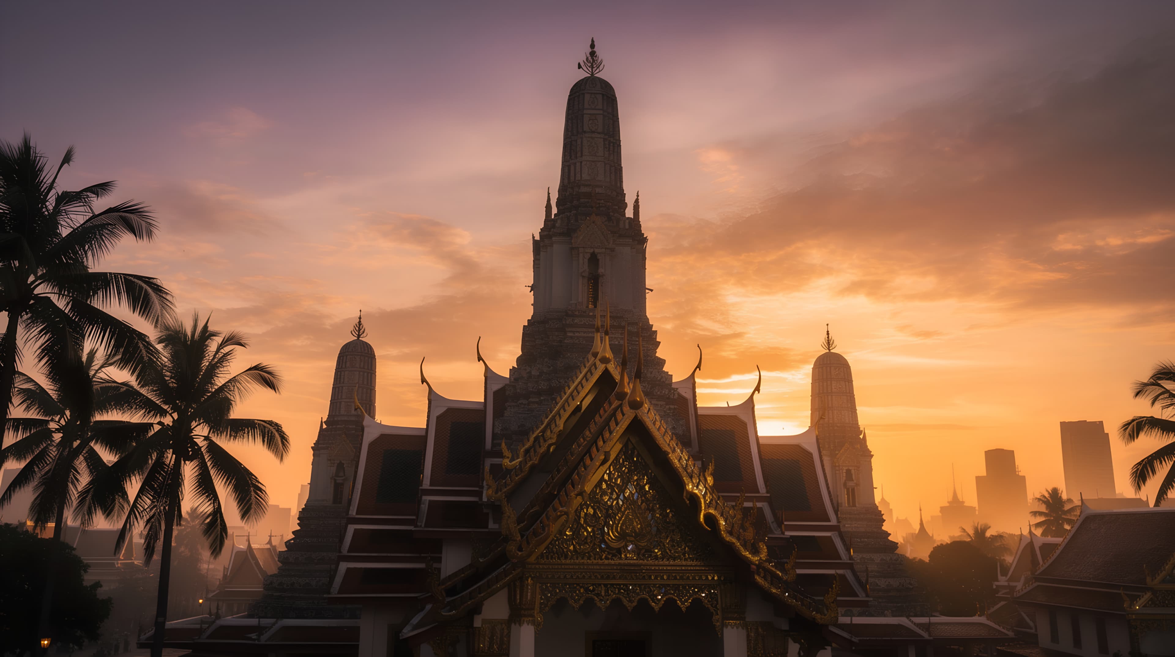 Golden Thai temple spires at sunset in Bangkok