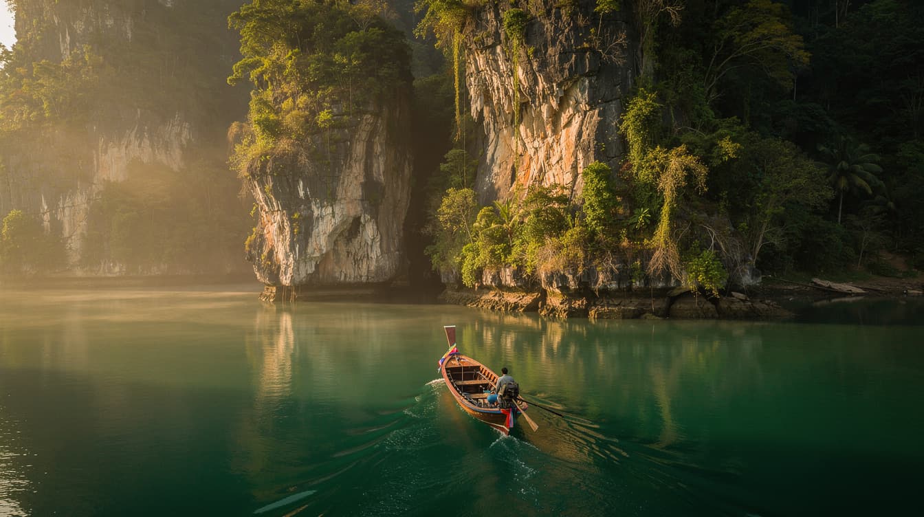 Longtail boat approaching limestone cliffs in southern Thailand at golden hour