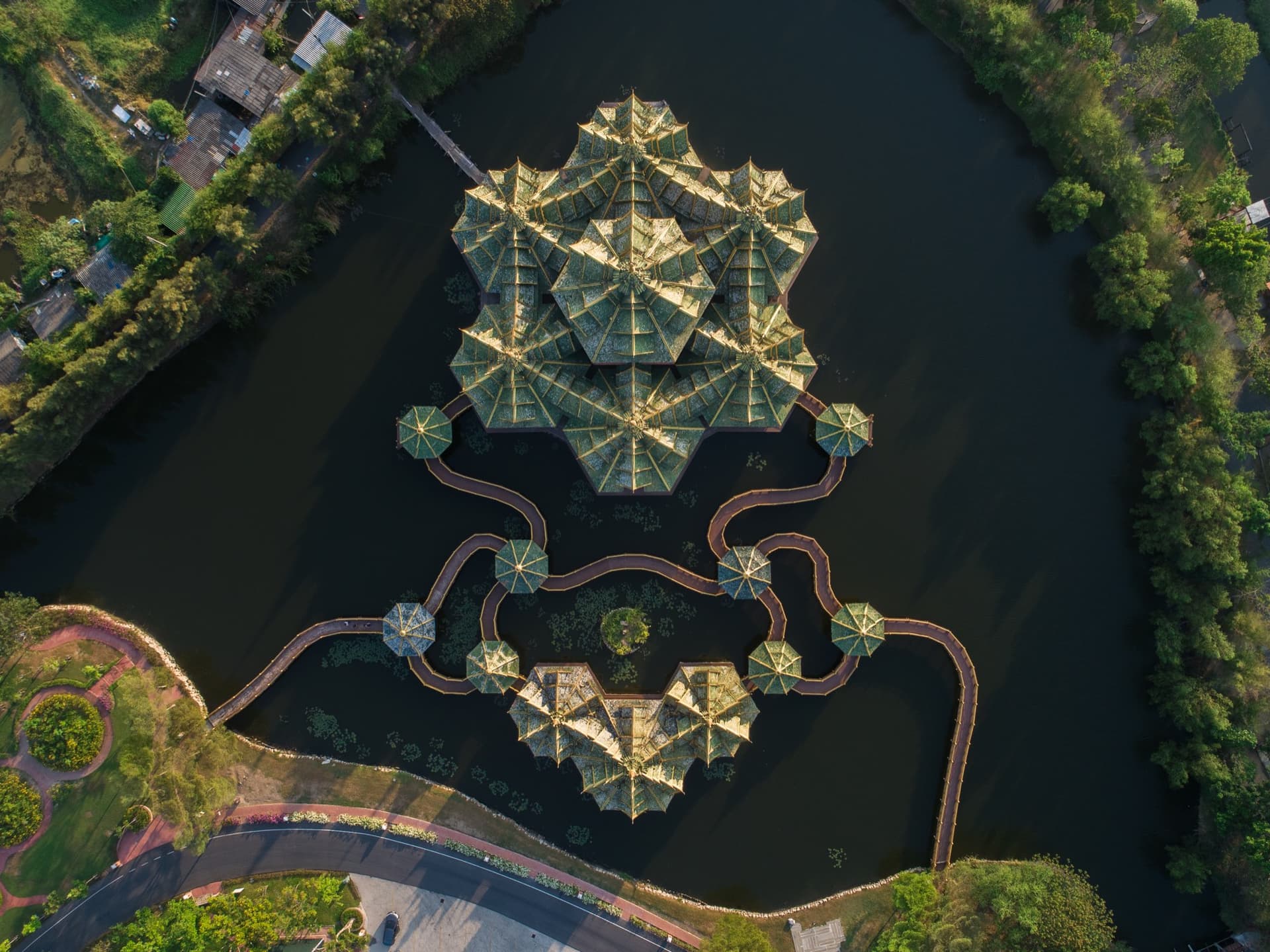 An aerial view over the Ancient City grounds in Samut Prakan, the same province as Suvarnabhumi. From the airport, clients continue across Thailand on connecting services.