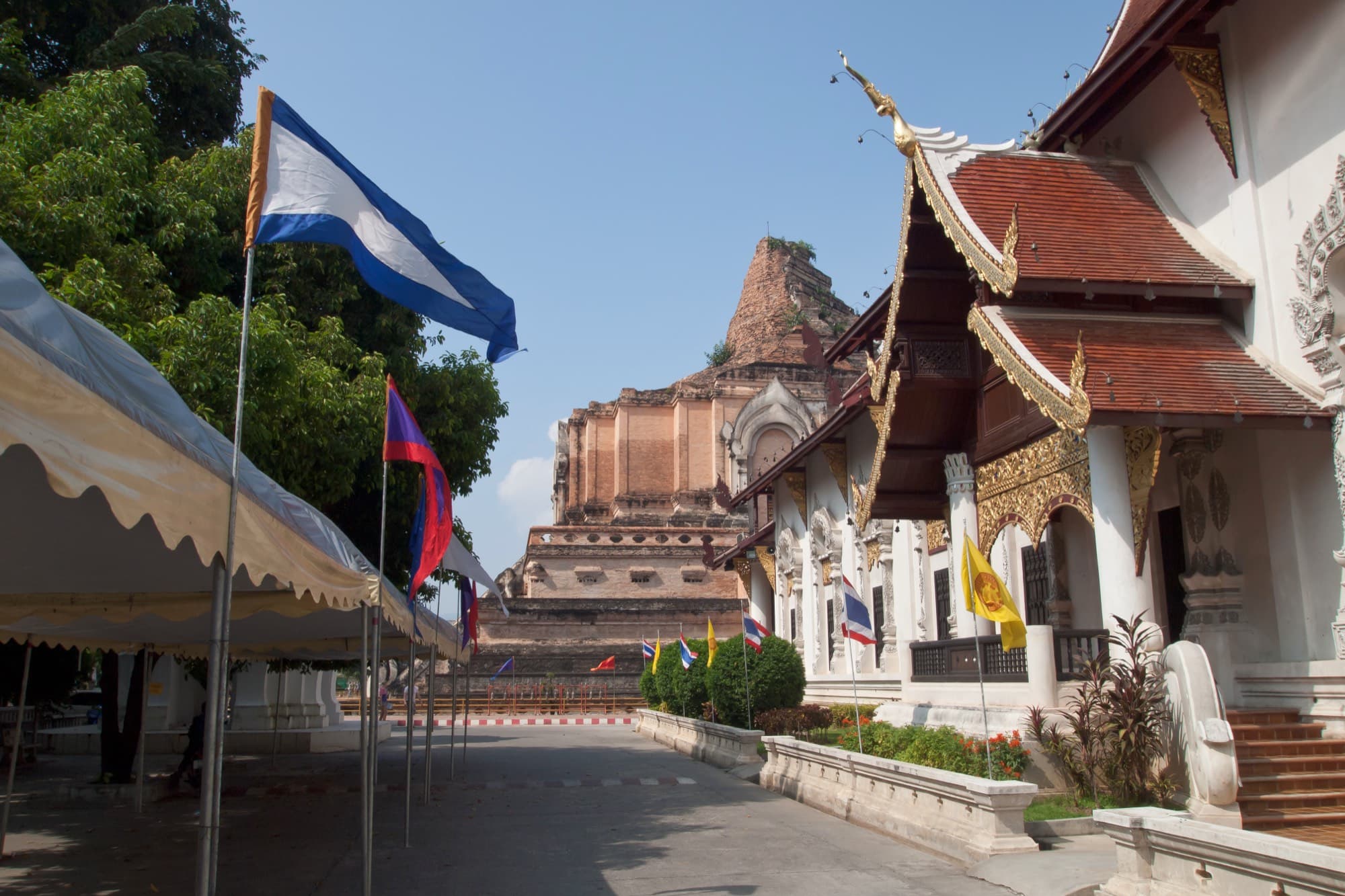 The ancient brick chedi of Wat Chedi Luang temple in the old city of Chiang Mai, Thailand