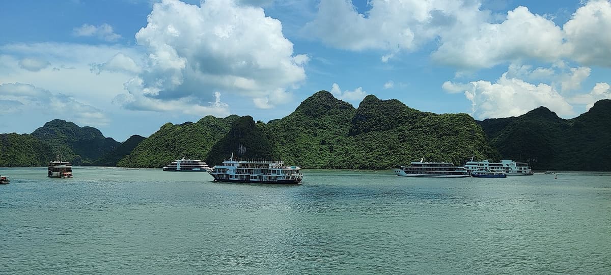 A cruise boat under way in Ha Long Bay. Scarce inventory carries the strictest terms: a cabin released late is very hard to resell, so its free cancellation window closes earliest.
