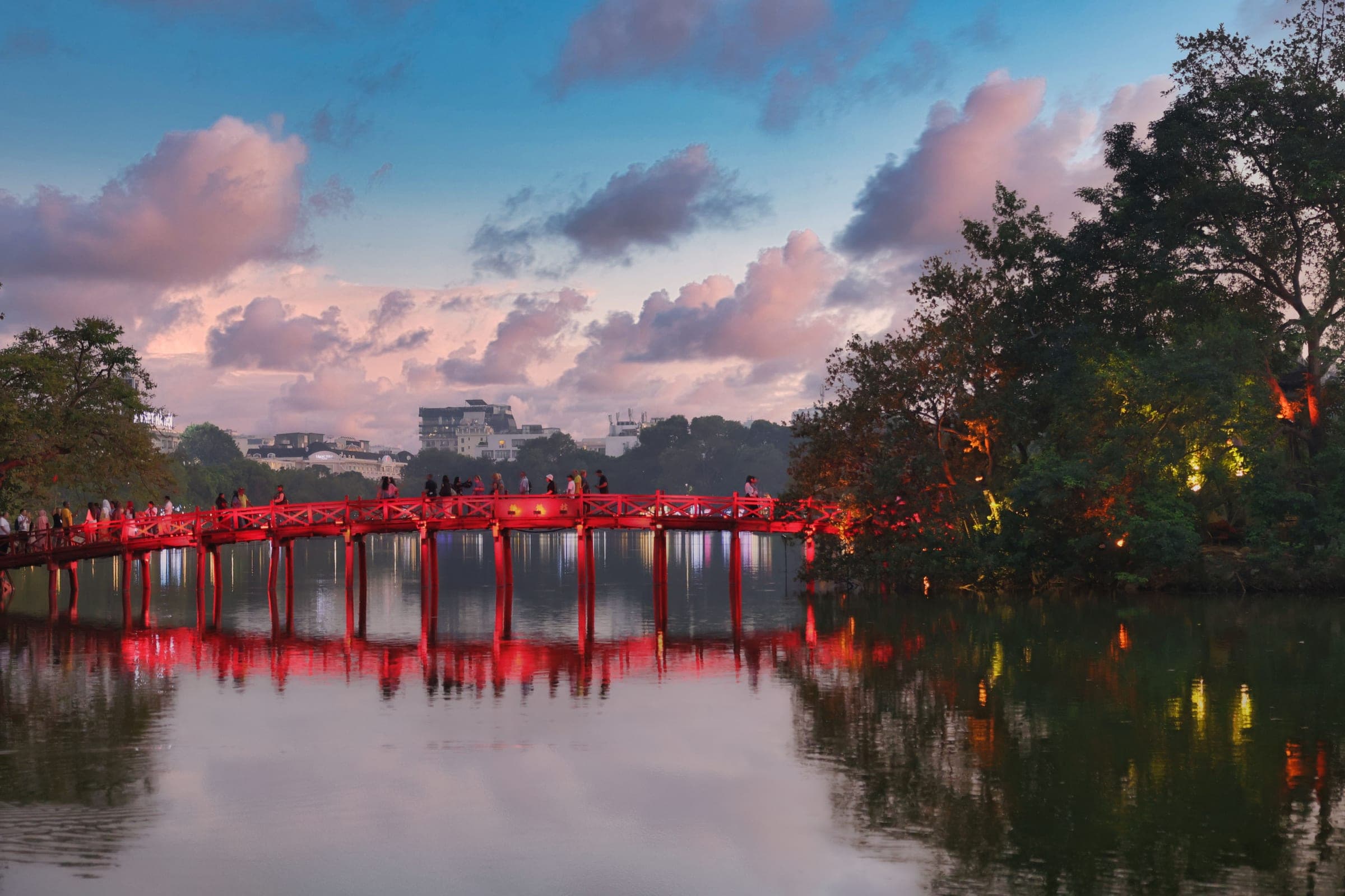 The Huc Bridge over Hoan Kiem Lake at twilight, Hanoi, Vietnam