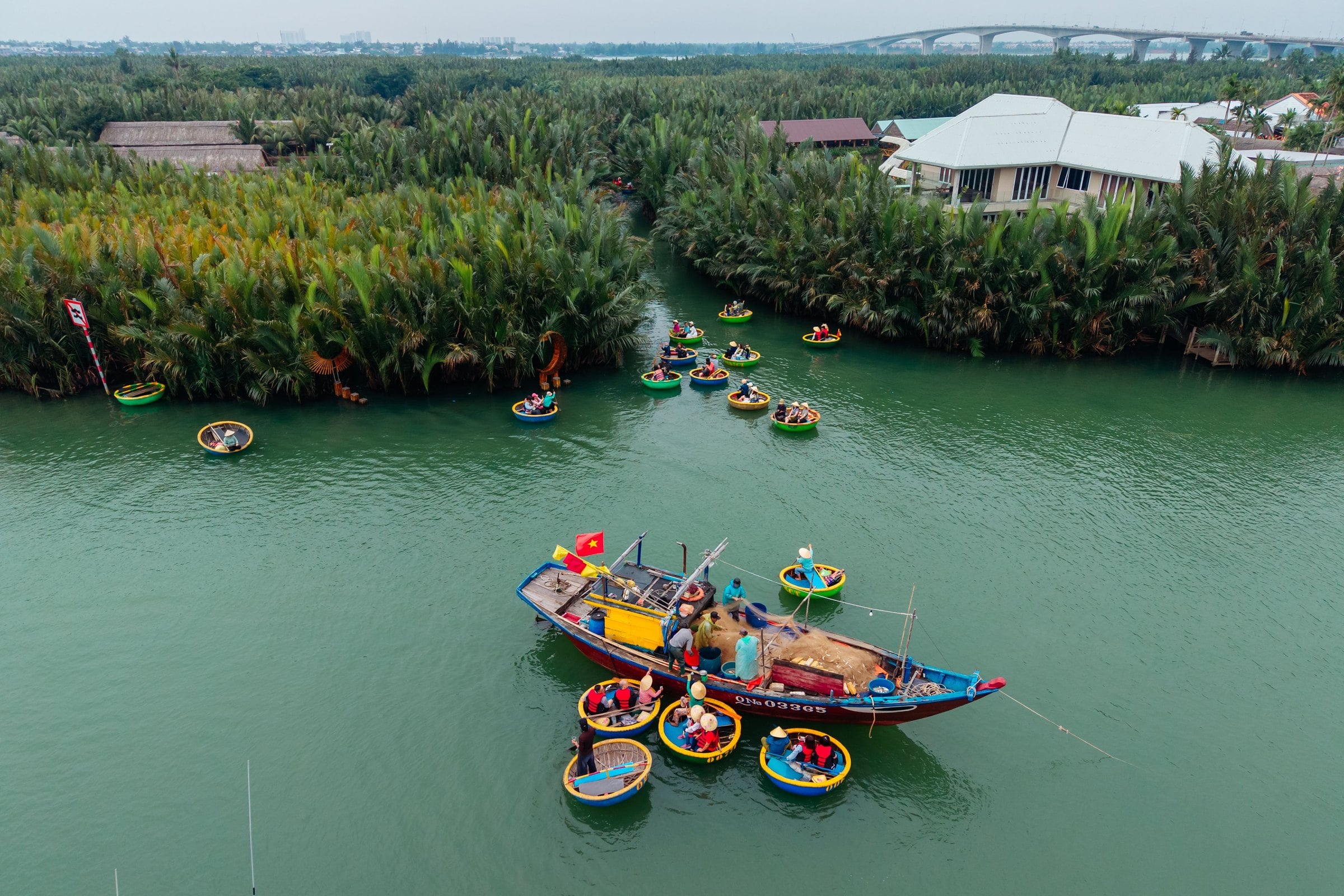 Barcas-cesta redondas alrededor de un barco de pesca, en un río bordeado de palmeras de coco de agua cerca de Hoi An, vistas desde arriba