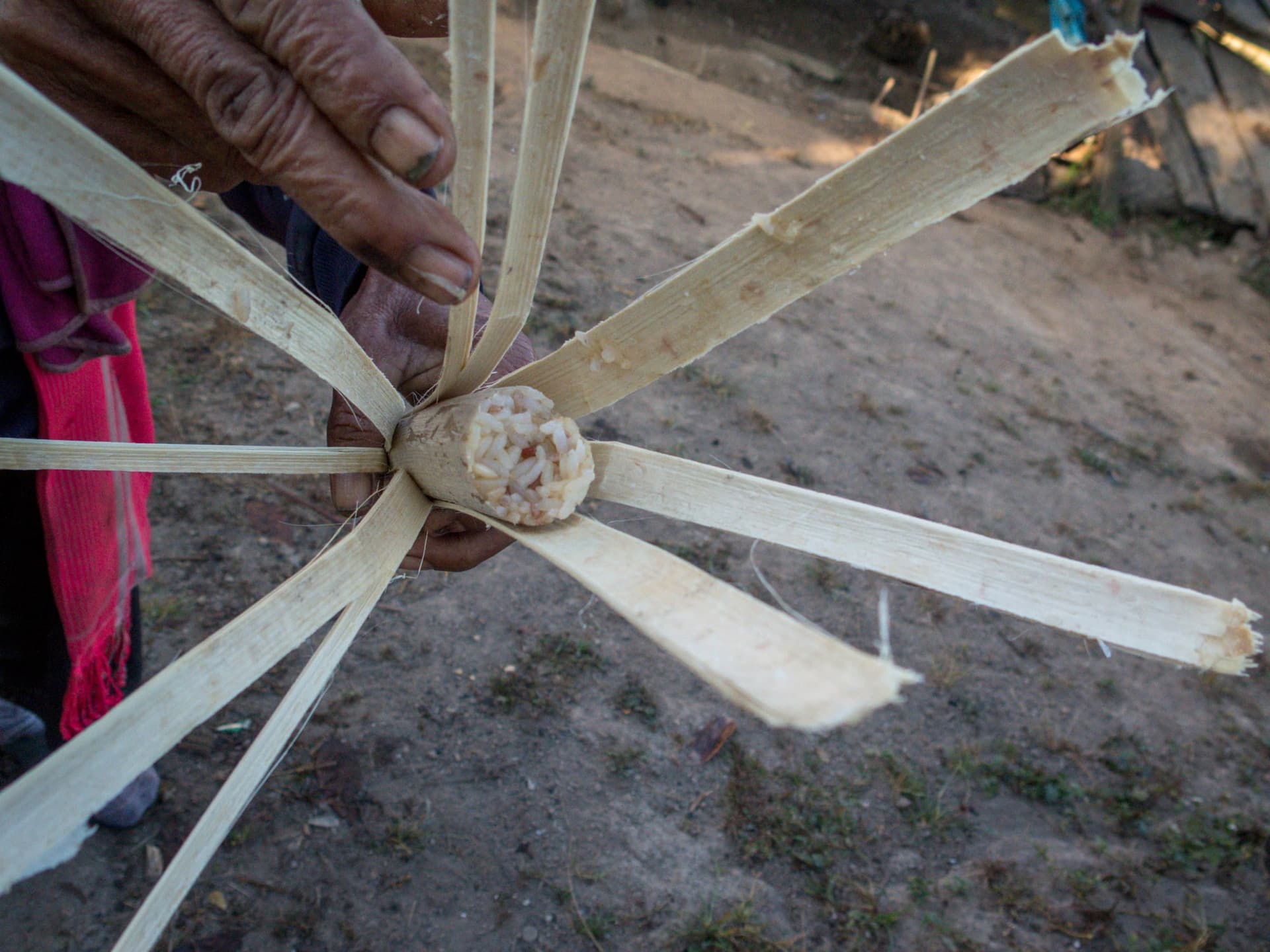 Bamboo is the region's cooking vessel as much as its building material. Khao lam, sticky rice steamed inside a tube and split back along the stem, is the sweet end of the same tradition.