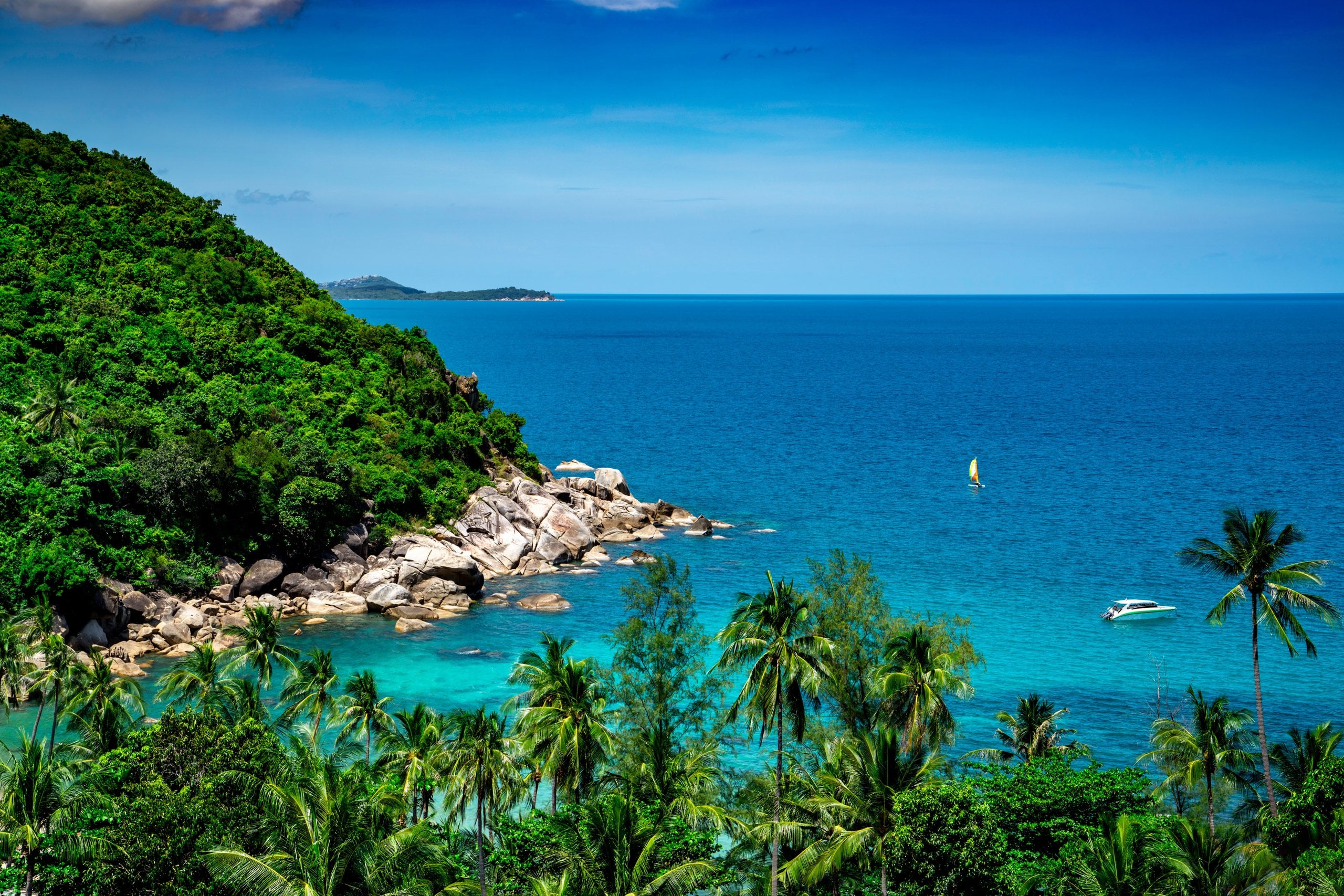 Palm trees and a rocky headland above turquoise water on Koh Samui
