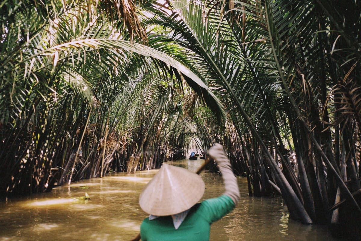 A hand-paddled sampan under a closed canopy of water-coconut palms on a narrow brown canal in the Mekong Delta, southern Vietnam, with a second sampan ahead in the tunnel